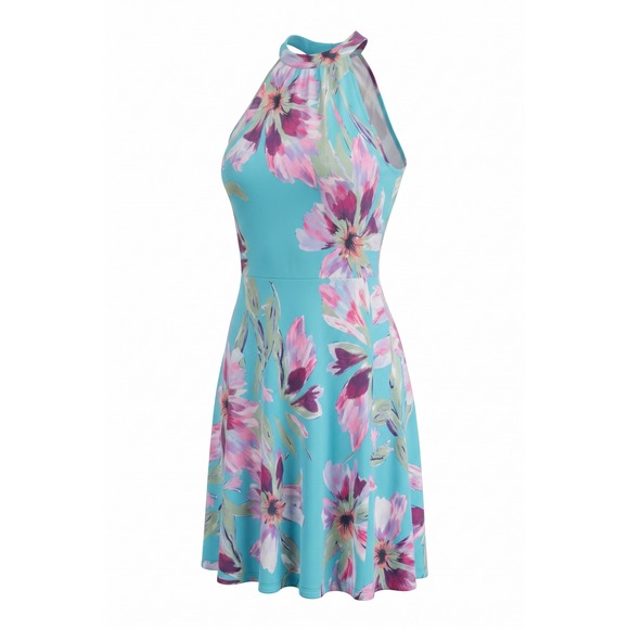 Unbranded Dresses & Skirts - Floral Halter Neck Fit and Flare Dress Turquoise Blue Purple Sleeveless 2XL